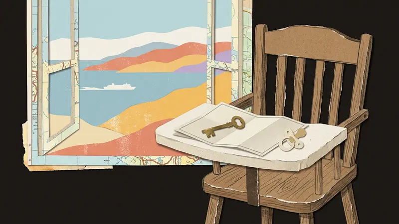 A brass key and paper pacifier sit on a linen map by an open window.