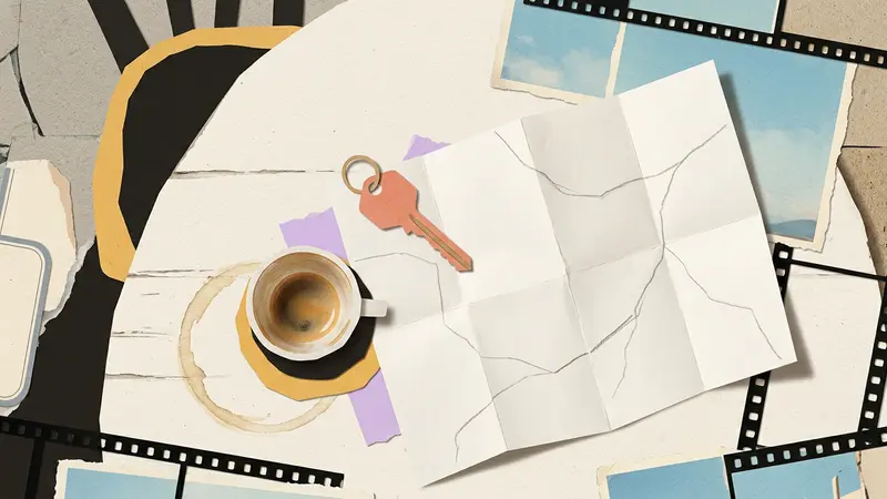 A brass room key lying on a blank, folded paper map next to a coffee cup on a wooden table.