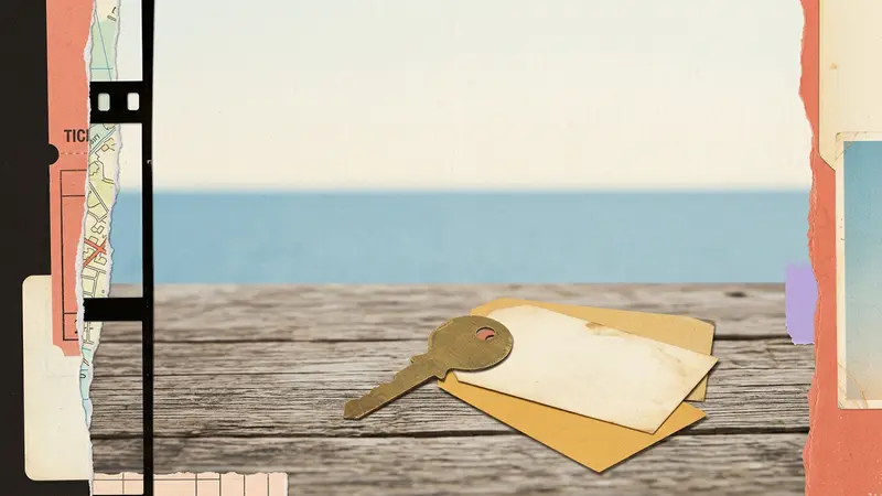 A brass key and blank luggage tags on a wooden table with a blurred horizon in the background.