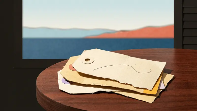 Three blank luggage tags on a wooden table set against a paper-cut horizon of sea and sky.