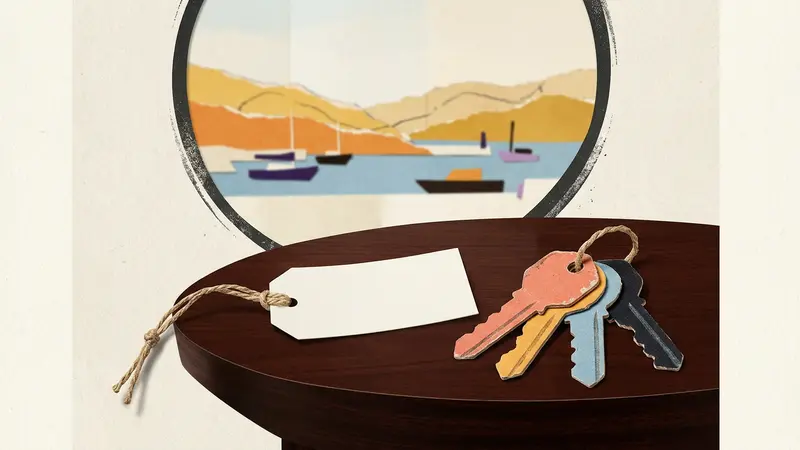 A blank luggage tag and old room keys on a table with a circular window showing a harbor view.