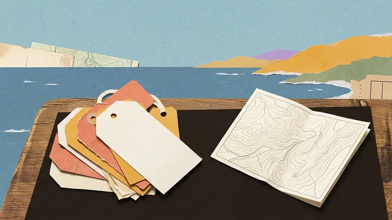 Torn paper luggage tags resting on a wooden table next to a folded map with abstract contour lines.