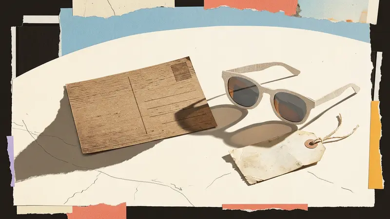 A linen postcard and sunglasses resting on a sunlit wooden cafe table with a luggage tag.