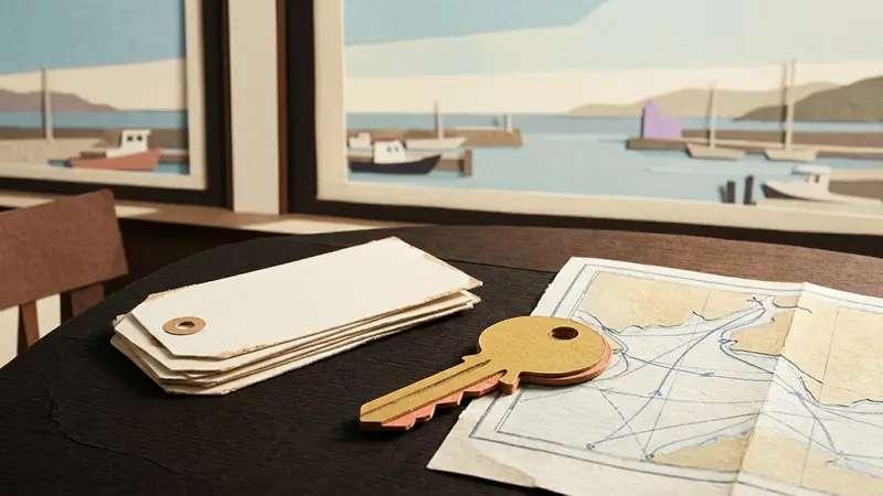 A brass room key and blank luggage tags on a folded map sitting at a café table overlooking a harbor horizon.