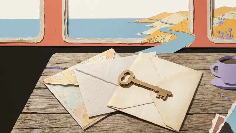 A papercraft stack of three layered envelopes and a skeleton key resting on a wooden surface.