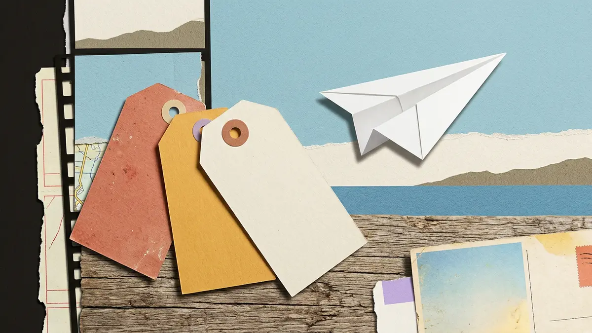Three layered luggage tags and a paper airplane against a background of textured paper horizon lines.