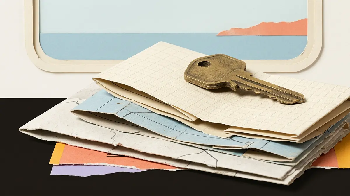 A stack of layered, textured paper maps topped with a vintage brass room key.