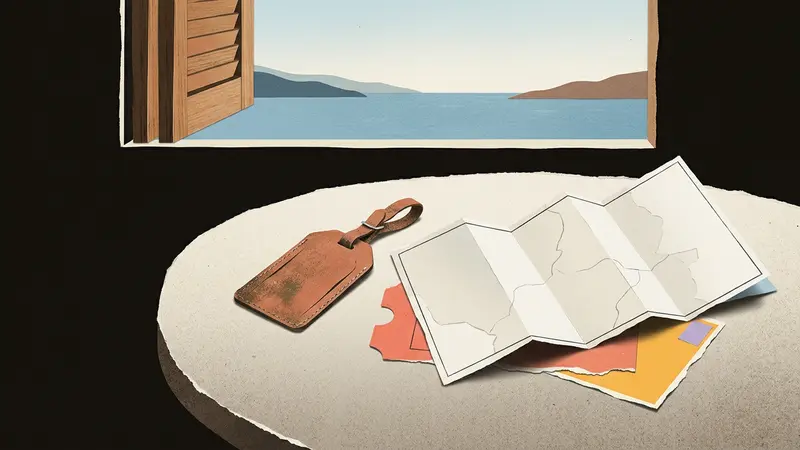 A luggage tag and a blank folded map on a table with an ocean view through a wooden window.