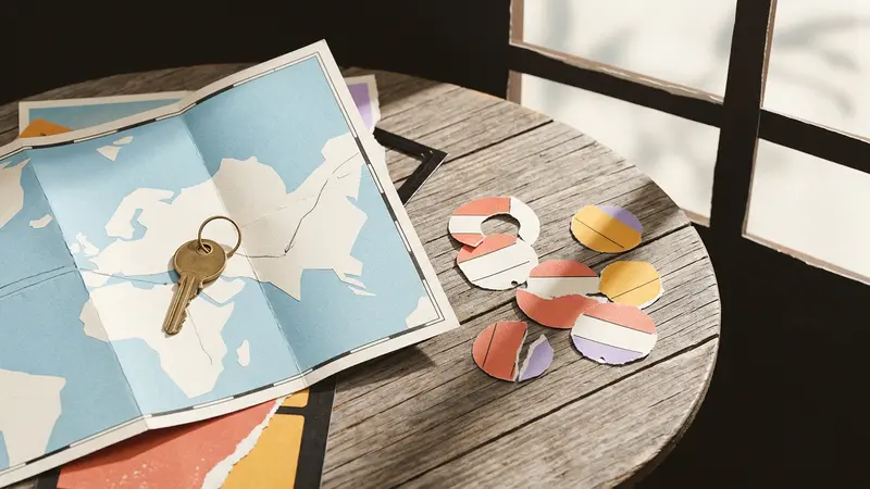 A brass key and torn transit tickets on a blank folded map resting on a wooden café table.