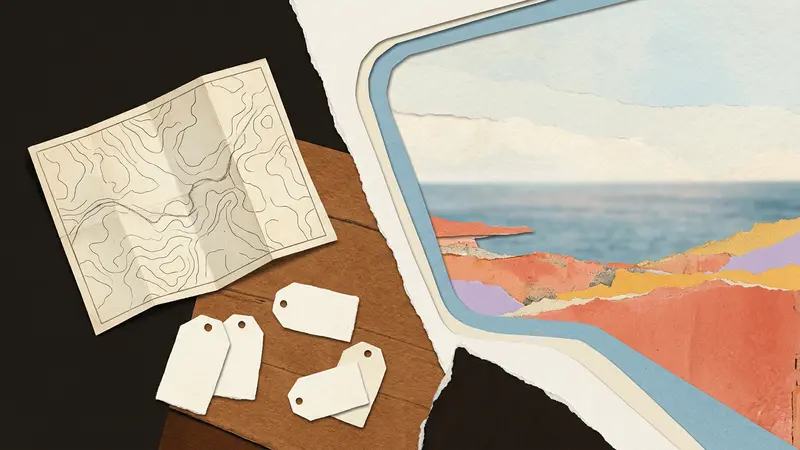 A minimalist papercraft scene with blank luggage tags and a folded map on a table beside a window view of the horizon.