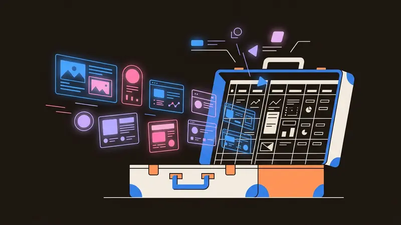 A suitcase filling with glowing digital cards and transforming into a chart, symbolizing monetized creator content.
