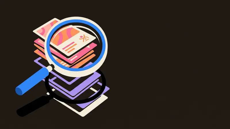A magnifying glass inspecting a stack of digital cards, causing the repeated ones to fade into empty outlines.