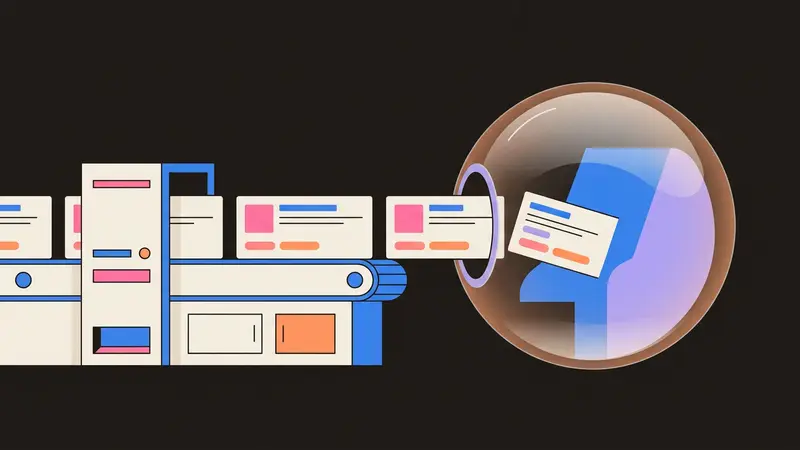 Mechanical cards moving along a conveyor belt into a glass sphere, representing automated digital retail.