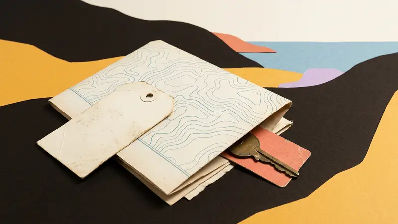 A brass room key and luggage tag resting on a folded blank map, rendered in papercraft style.