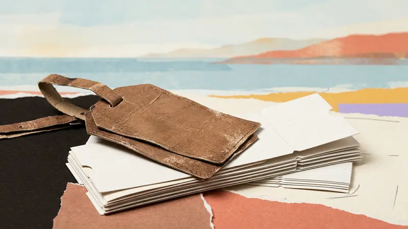 Leather luggage tags lying on a stack of paper ticket stubs against a blurred horizon.