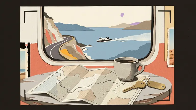 A vintage camera view of a folded map, a brass room key, and a ceramic cup on a café table.