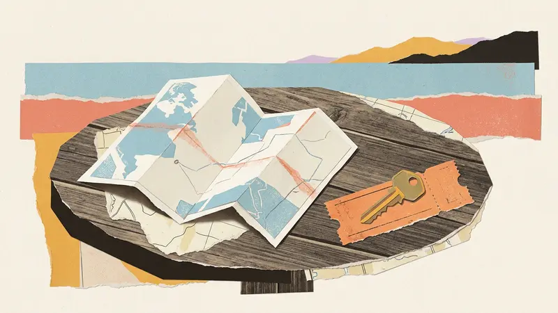 A folded paper map and a brass room key sit on a café table next to a scrap of ticket paper.