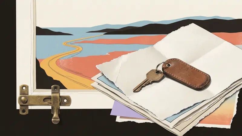 Papercraft of a room key, folded maps, and a window latch overlooking a paper landscape.