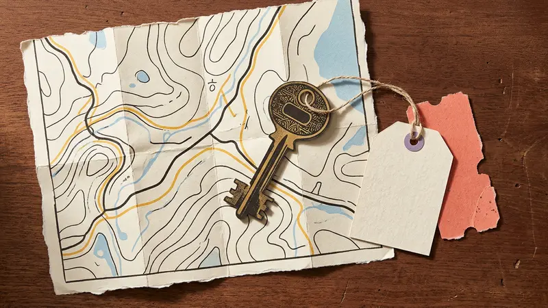 A vintage room key, a blank luggage tag, and a folded map on a desk near a window.