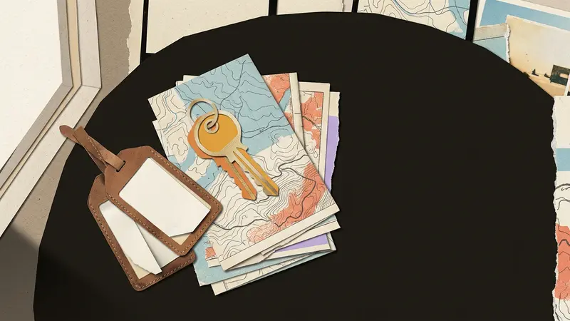 Brass room key and blank luggage tags on folded paper maps on a café table.
