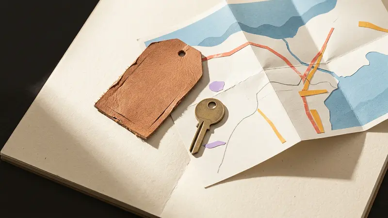 A brass room key, a luggage tag, and a folded map arranged on a textured surface.