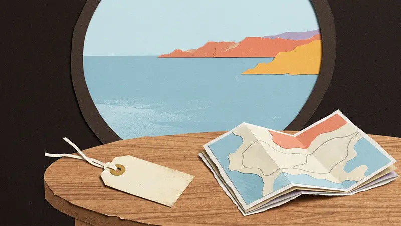 Papercraft scene of a blank luggage tag and folded map on a café table, looking out of a window toward a horizon.