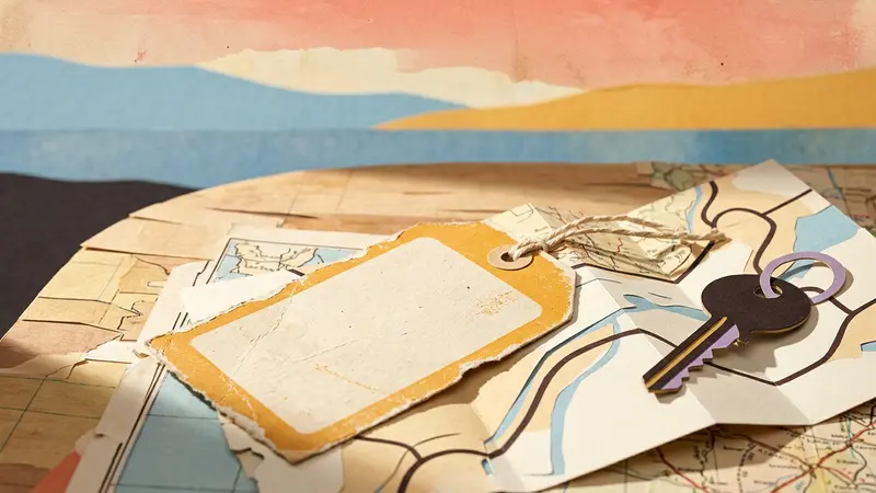 A brass key and blank luggage tag sitting on a folded map on a sunny café table with a blurred horizon.