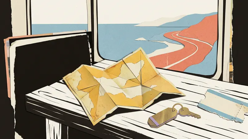 A folded map, brass key, and torn ticket stub arranged on a wooden table.