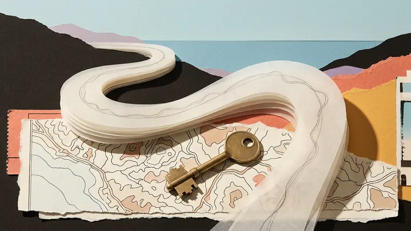 Layered paper mountain road on a torn map with a brass key resting on top.
