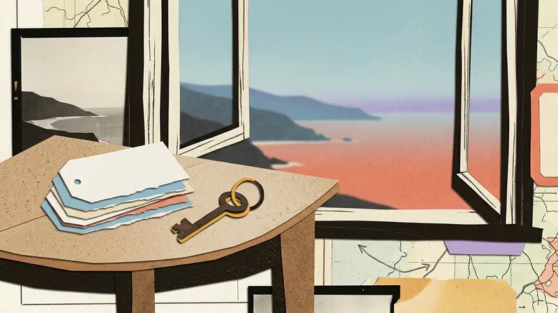 A minimalist papercraft scene featuring blank luggage tags and a metal room key on a table by a window.
