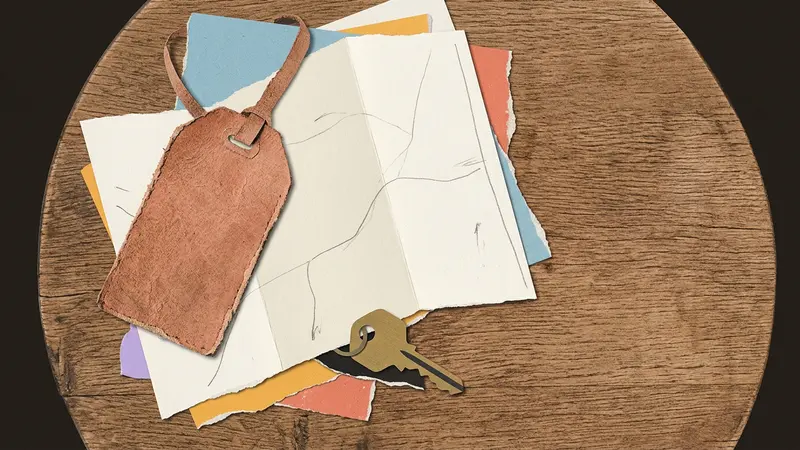 Top-down view of an empty luggage tag, an unlabeled folded map, and a brass room key on a wooden table.