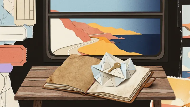 A brass key and folded map on a wooden table looking out toward a coastal horizon at dusk.