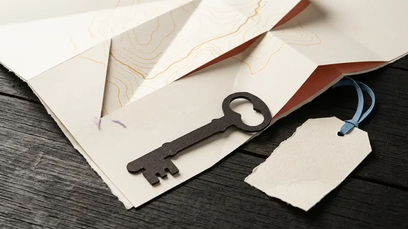 An old iron key and a blank luggage tag sit on a folded map on a wooden table.