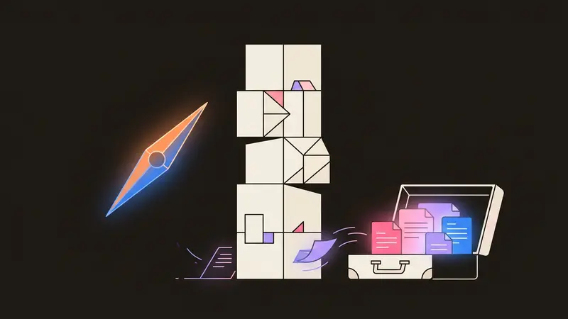 A compass pointing to stacked geometric blocks and a suitcase filled with document icons.