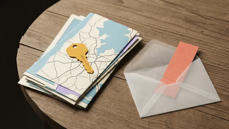 A brass key and an envelope with a paper ticket resting on a stack of folded maps on a wooden table.