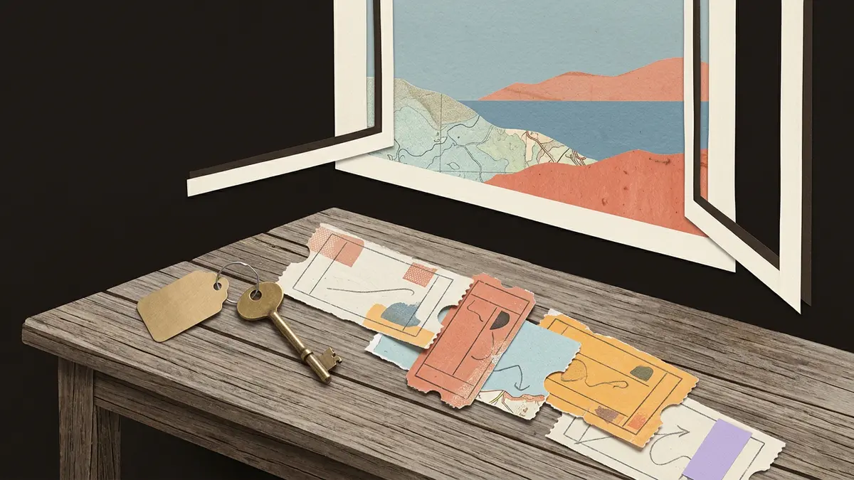 A brass key and paper ticket stubs on a wooden table near an open window.