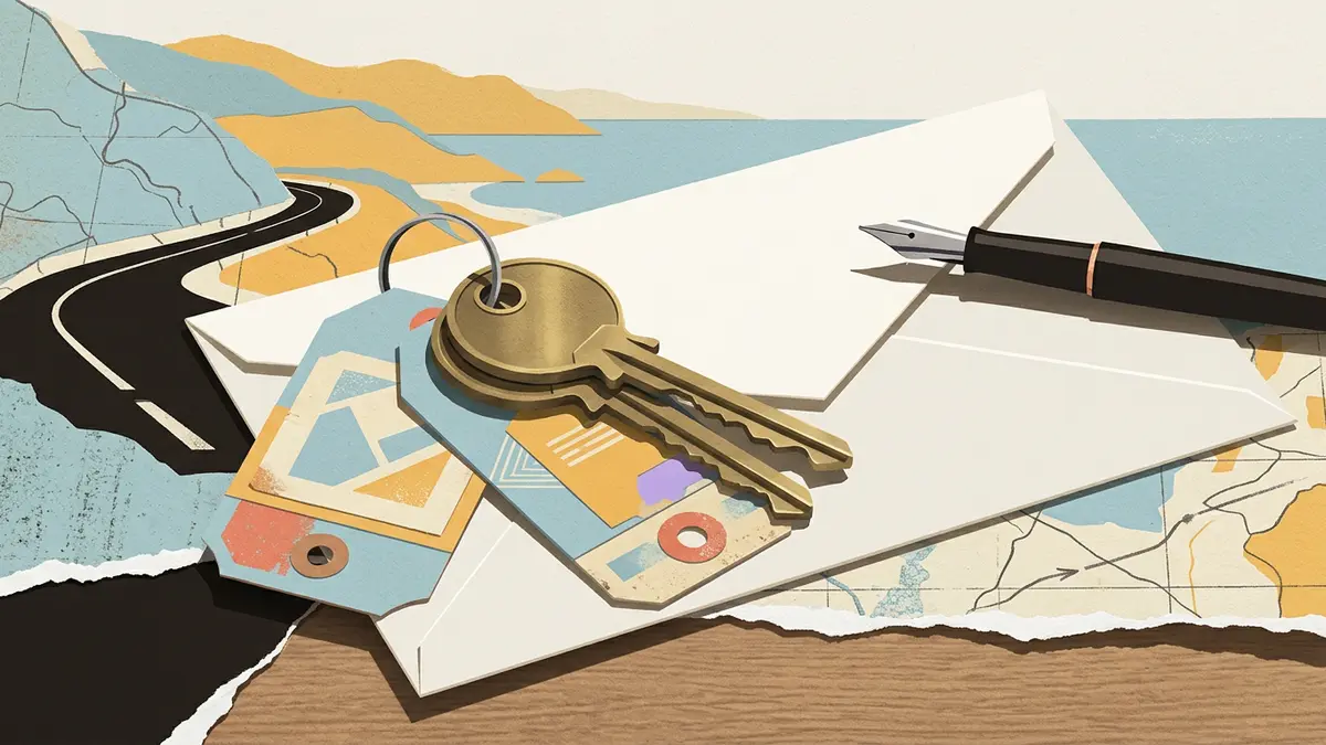 Brass room keys resting on a folded cream paper envelope with a pen nib on a wooden café table.
