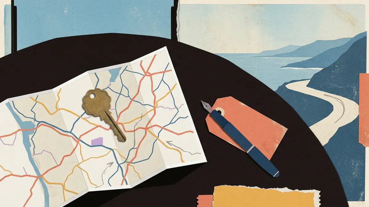 A brass room key and a blank luggage tag sit on a folded paper map atop a wooden café table.