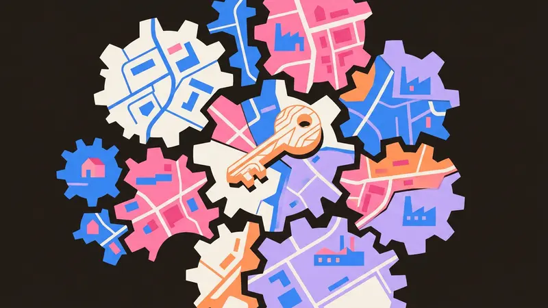 A physical key placed on a puzzle of map segments, representing ownership in a travel business.
