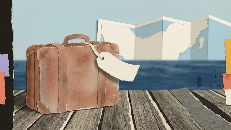 A leather suitcase and a blank luggage tag on a dock with folded maps and a distant horizon line.