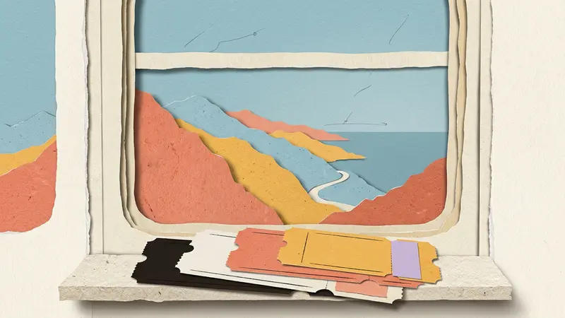 Papercraft window view of mountains with layered, color-coded ticket stubs on a wooden sill.