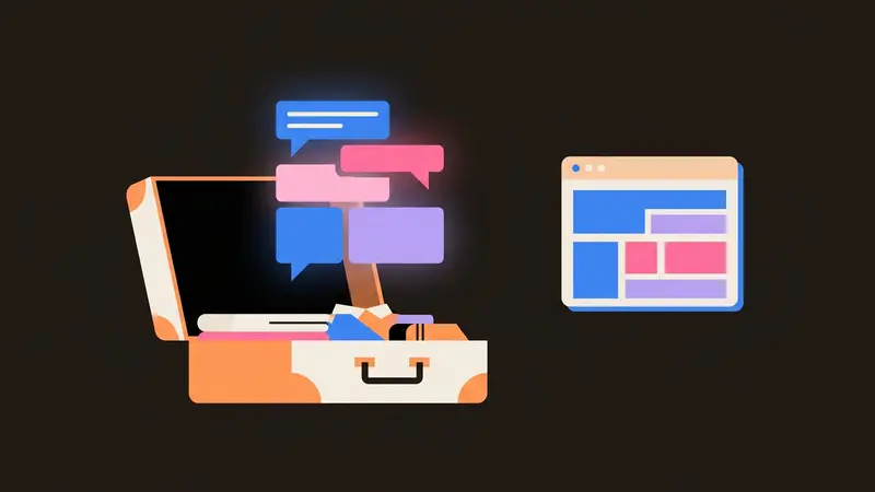 A chat bubble rising from a suitcase next to a separate floating web page icon.