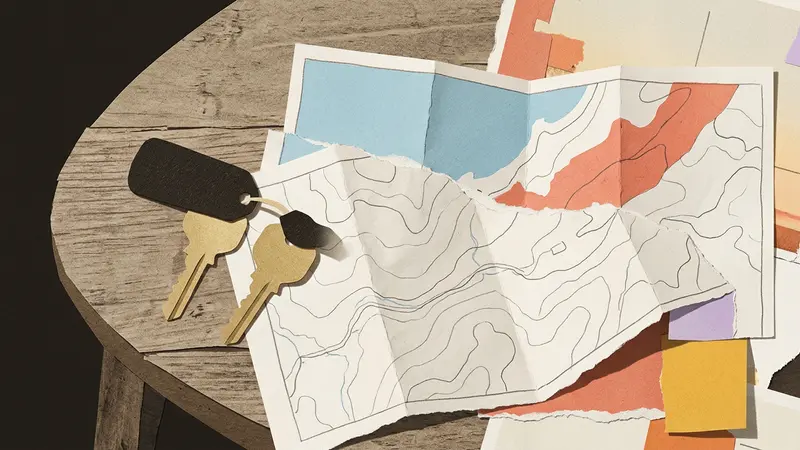 Two blank brass keys on a folded paper map at a café table with sharp light and shadows.