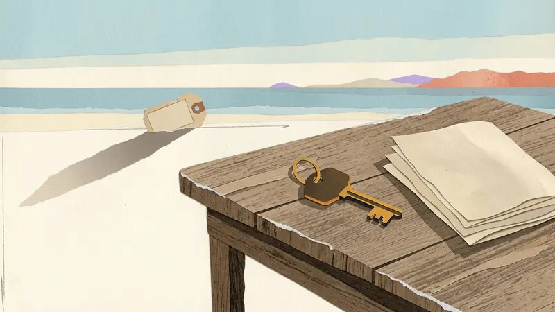 A brass key, blank maps, and a luggage tag on a café table overlooking a distant horizon.