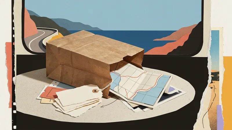 An open paper bag filled with blank luggage tags and a folded map on a café table against a distant horizon.