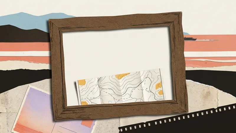 An empty wooden picture frame and a blank map placed on a rustic cafe table.