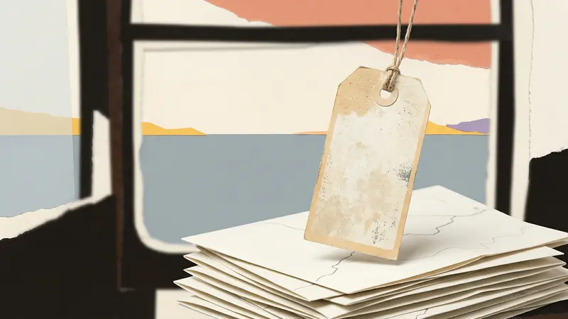 A blank luggage tag hangs in front of a blurred seascape with a stack of folded maps underneath.