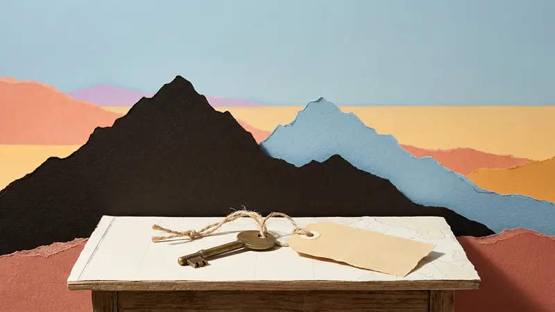 A brass key and blank luggage tag rest on a wooden table against a layered paper cutout of mountain peaks.