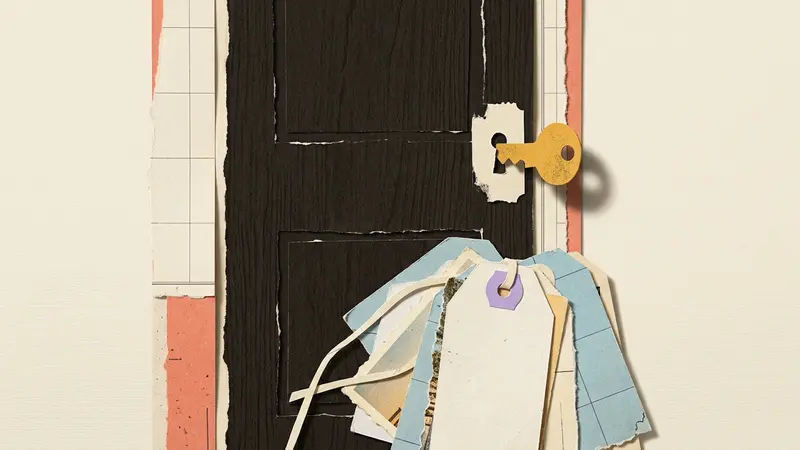 A papercraft scene featuring a locked door with a brass key and blank luggage tags on a textured background.