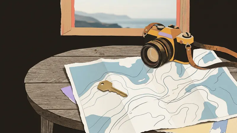 A brass key and blank map lie on a wooden table near a window looking out at a horizon.